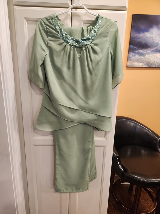 Pants - Sage Green Layered Sequin Neck Dress Set